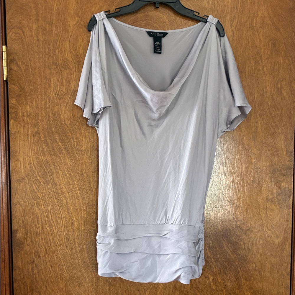 White House Black Market Light Gray Cowl Neck Flutter Sleeve Top